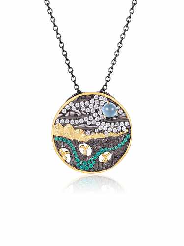 925 Sterling Silver Natural Stone Geometric Luxury Opal Topaz Round Pendant Necklace