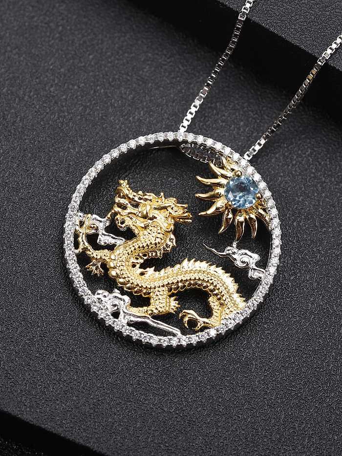 Collier de luxe en argent sterling 925 avec pierre naturelle et dragon du zodiaque