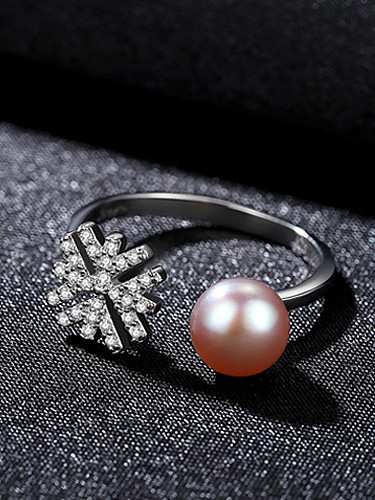 Pure silver zircon snowflake natural freshwater pearl free size ring