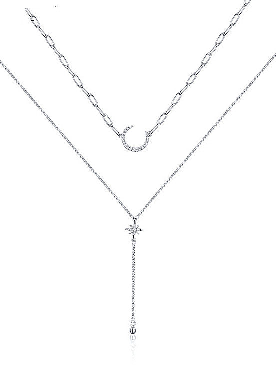 Collar minimalista de varias hebras con borla de luna de circonita cúbica de plata esterlina 925