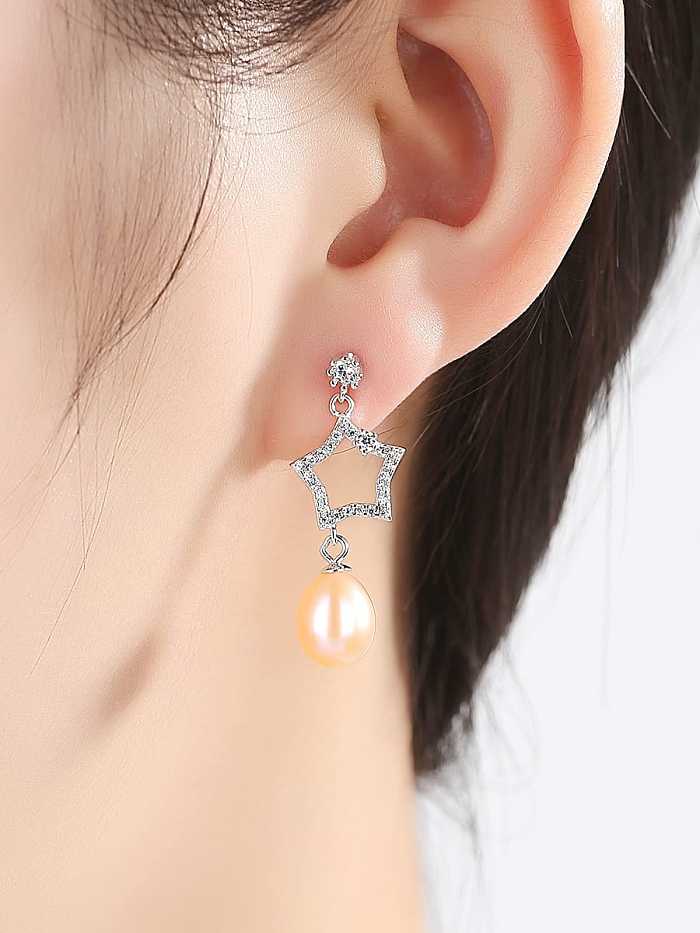 925 Sterling Silver Freshwater Pearl White Star Moon Trend Drop Earring