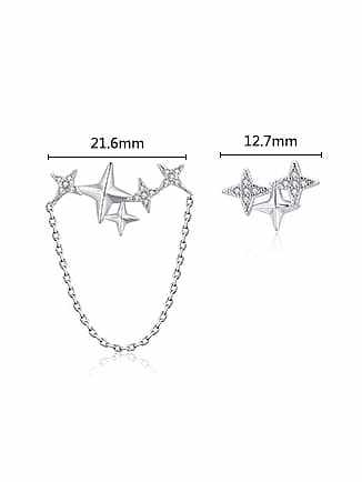 925 Sterling Silver Cubic Zirconia Asymmetric Pentagram Tassel Minimalist Stud Earring