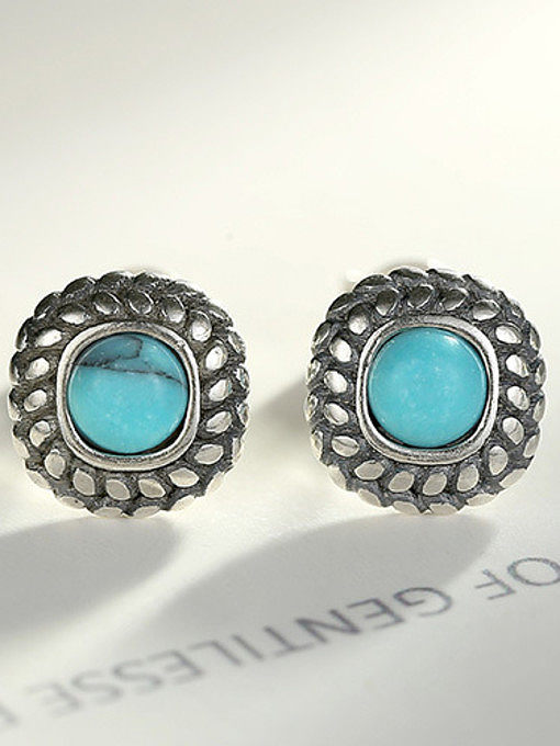925 Sterling Silver With Turquoise Vintage Square Stud Earrings