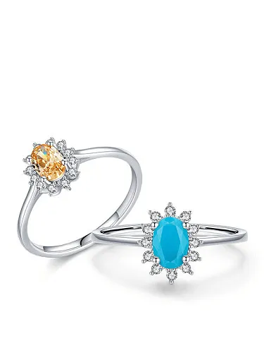 925 Sterling Silver Turquoise Geometric Flower Classic Band Ring