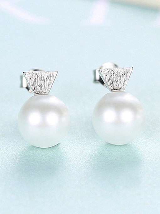925 Sterling Silver With Artificial Pearl Simplistic Triangle Stud Earrings