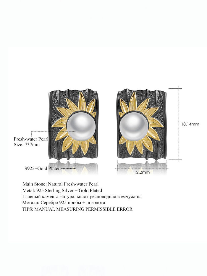 925 Sterling Silver Imitation Pearl Geometric Vintage Sunflower Stud Earring