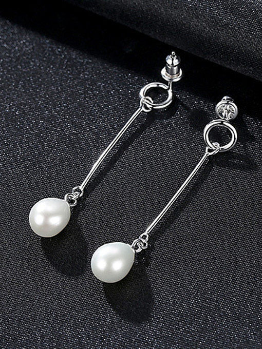 Boucles d'oreilles pendantes ovales simplistes en argent sterling 925 avec perle artificielle