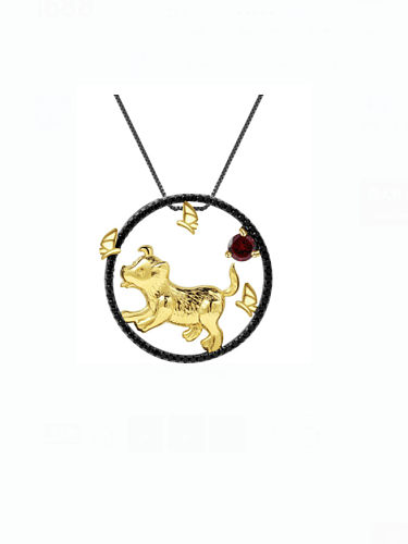 925 Sterling Silver Natural Stone Zodiac Artisan Dog Pendant Necklace