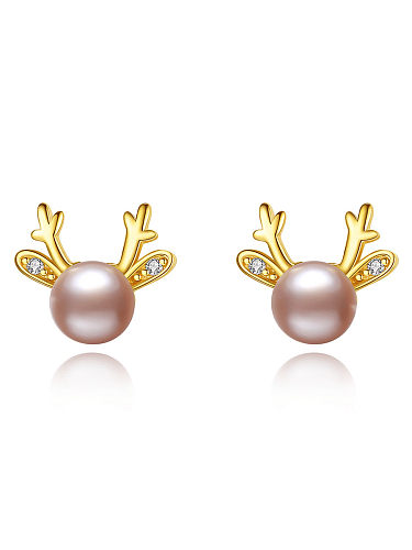 Boucles d'oreilles en argent sterling 925 avec perle d'imitation de bois de cerf minimaliste