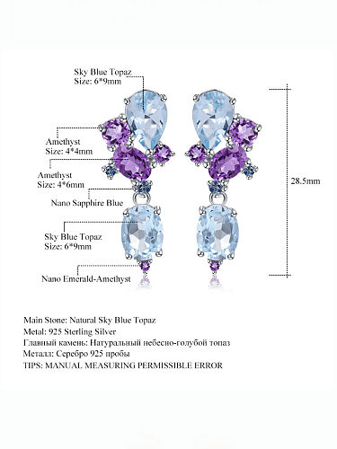925 Sterling Silver Natural Topaz Water Drop Luxury Cluster Earring