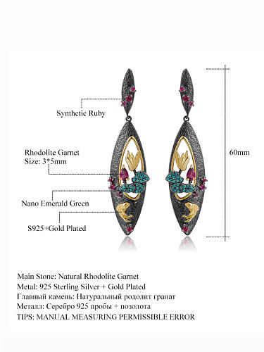 Boucles d'oreilles pendantes vintage en argent sterling 925 avec pierre naturelle et fleur de rose