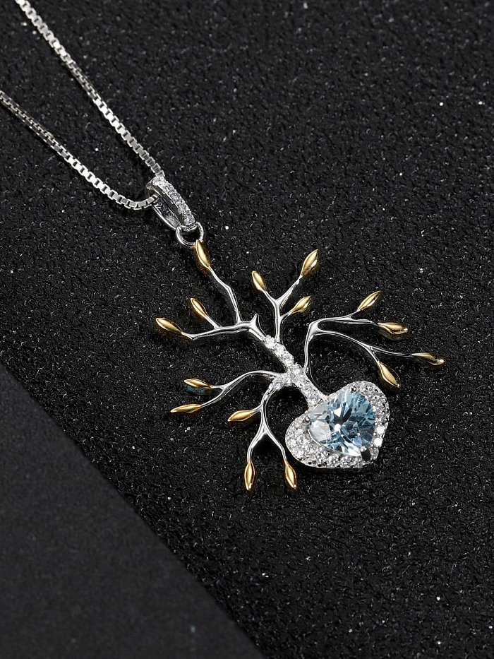 925 Sterling Silver Natural Topaz Artisan Tree of Life Pendant Necklace