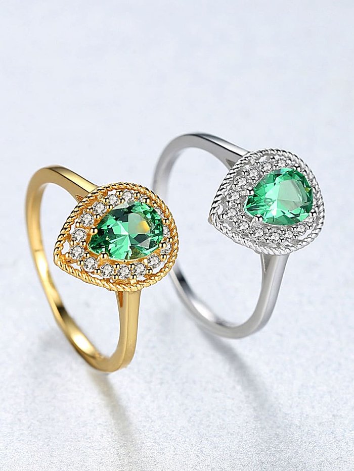 925 Sterling Silver Cubic Zirconia Green Water Drop Classic Band Ring