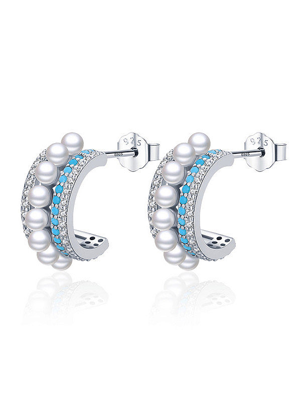 925 Sterling Silver Imitation Pearl C Shape Minimalist Stud Earring
