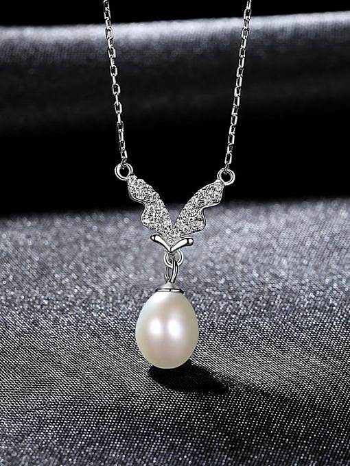 925 Sterling Silber Nachahmung Perle Schmetterling Minimalistische Halskette