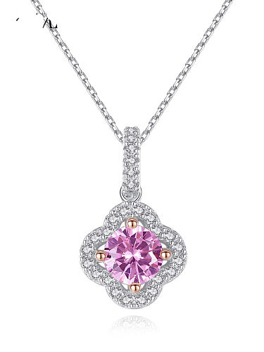 925 Sterling Silver Cubic Zirconia fashion clover micro set Pendant Pink Necklace
