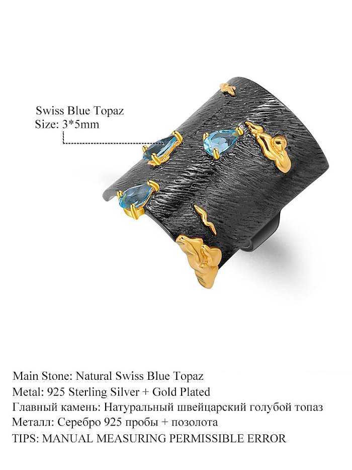 Anel de banda artesanal irregular de prata esterlina topázio azul suíço 925