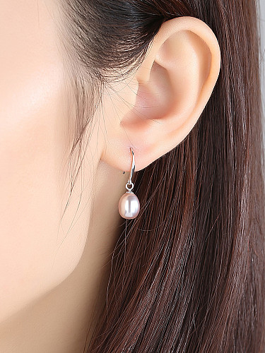 925 Sterling Silver With Artificial Pearl Simplistic Oval Hook Earrings