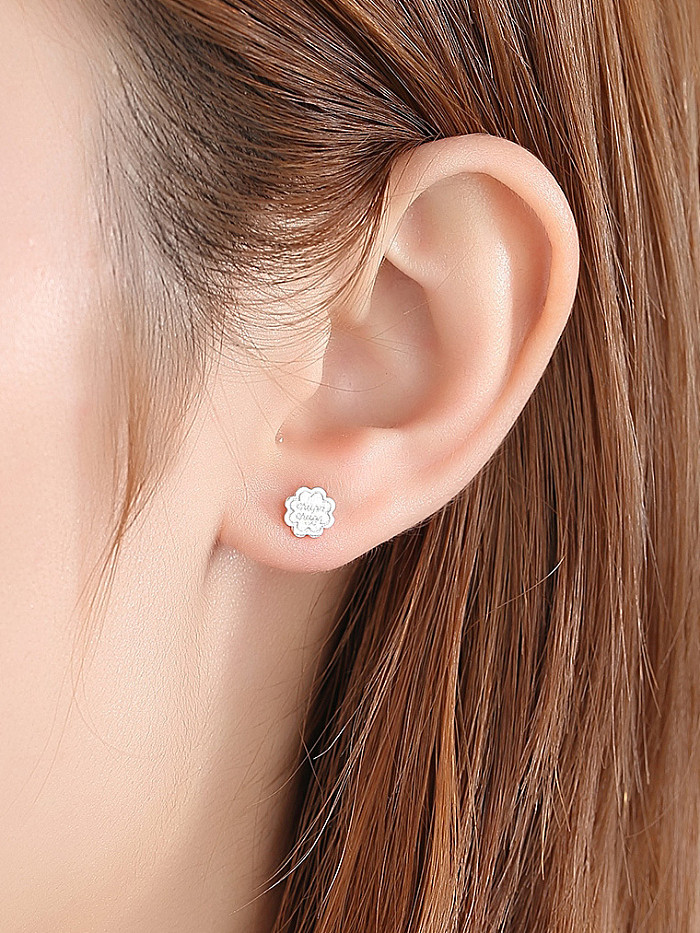 925 Sterling Silver With Glossy asymmetry Cute Flower Stud Earrings