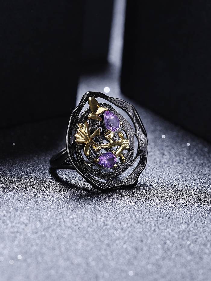 925 Sterling Silver Amethyst Flower Artisan Band Ring