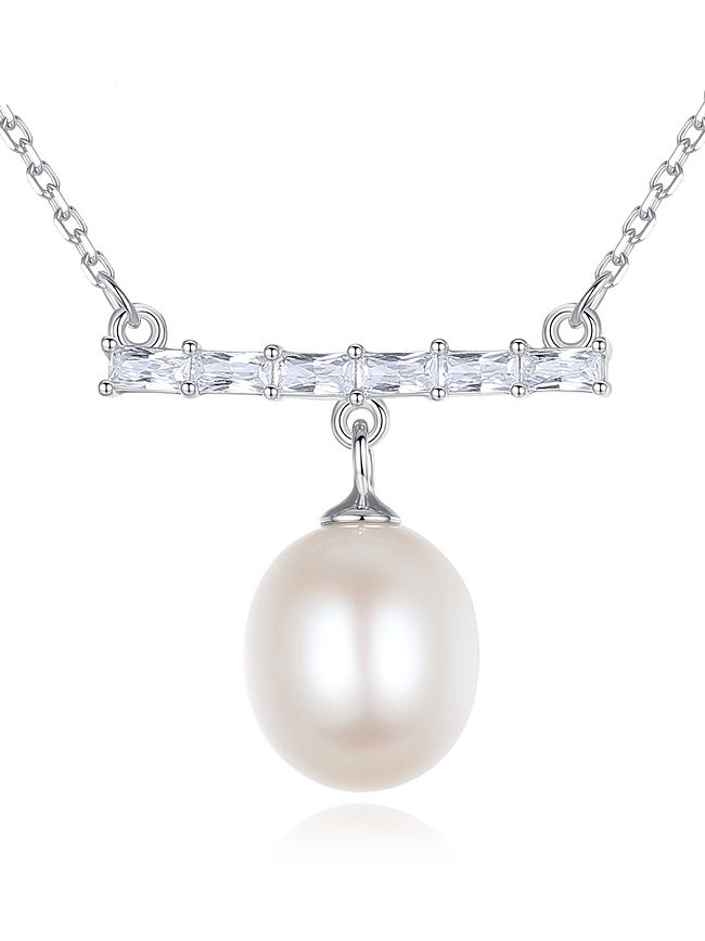 925 Sterling Silver Freshwater Pearl Geometric Dainty Necklace