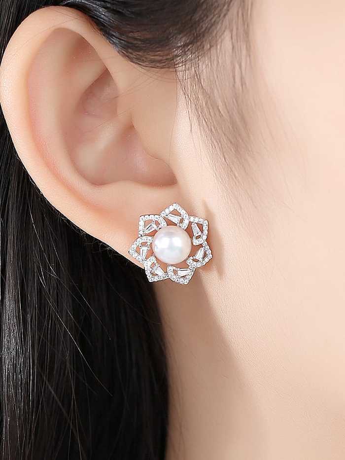 925 Sterling Silver Cubic Zirconia Flower Hip Hop Stud Earring