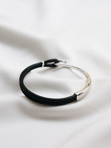 Bracelet de mode en cuir de vachette en argent pur (pour hommes et femmes)