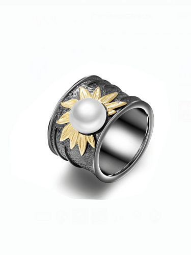925 Sterling Silver Imitation Pearl Geometric Artisan Band Ring