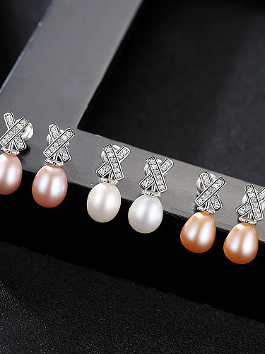 Pendientes de perlas naturales de 3-7 mm con microinserto de plata de ley con letra de circón 8A X