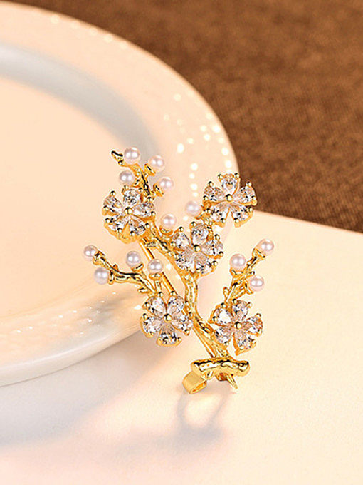 925 Sterling Silver With Artificial Pearl Cubic Zirconia Trendy Small tree Brooches