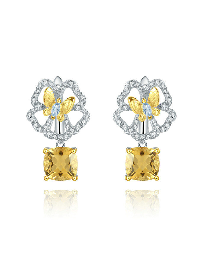 Boucles d'oreilles pendantes de luxe en argent sterling 925 avec fleur de topaze naturelle