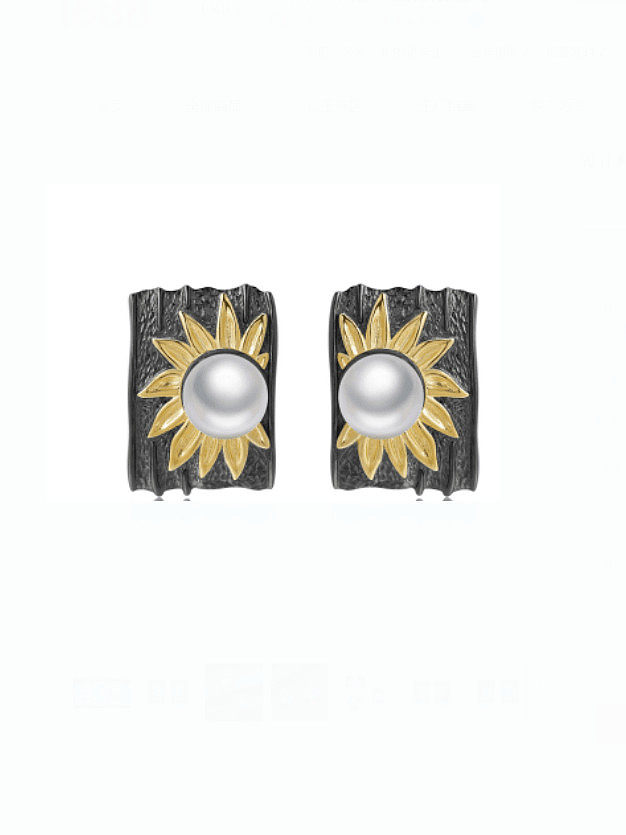 925 Sterling Silver Imitation Pearl Geometric Vintage Sunflower Stud Earring