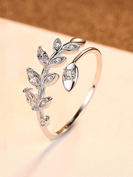 925 Sterling Silver With Cubic Zirconia Delicate Leaf Free Size Rings