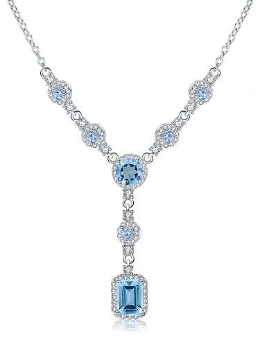 925 Sterling Silver Swiss Blue Topaz Geometric Luxury Necklace