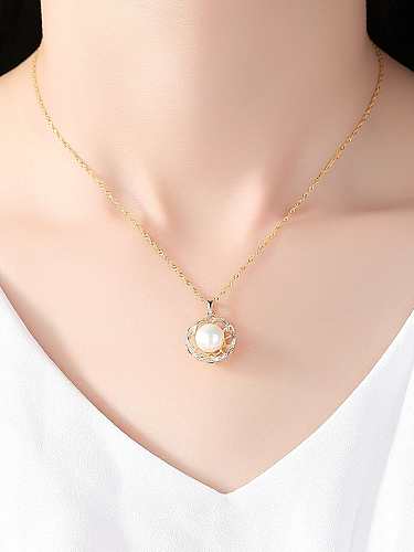 925 Sterling Silver Freshwater Pearl Hollow zircon flower pendant Necklace
