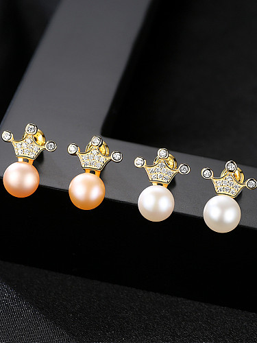 Aretes de corona de perlas naturales de agua dulce de 7-7.5 mm de plata esterlina