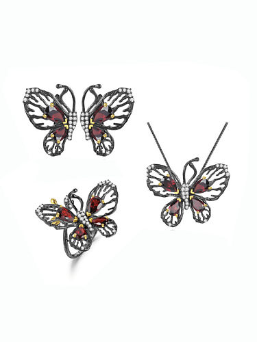 925 Sterling Silver Garnet Vintage Butterfly Pendant Necklace
