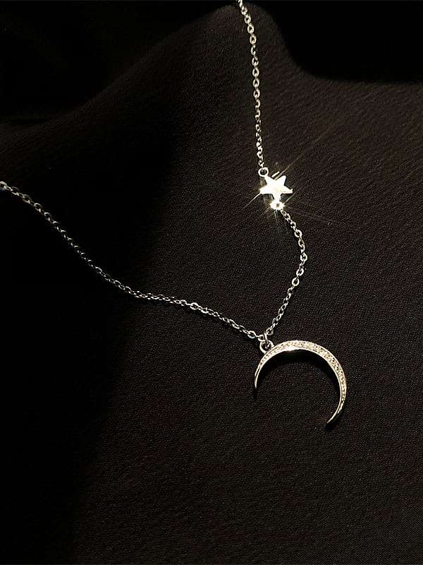 925 Sterling Silver Rhinestone Star Moon Dainty Necklace