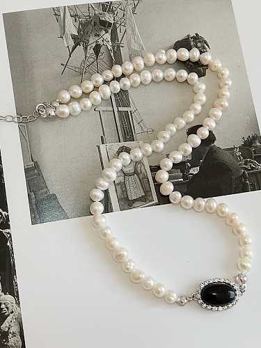 925 Sterling Silver Imitation Pearl Oval Vintage Necklace