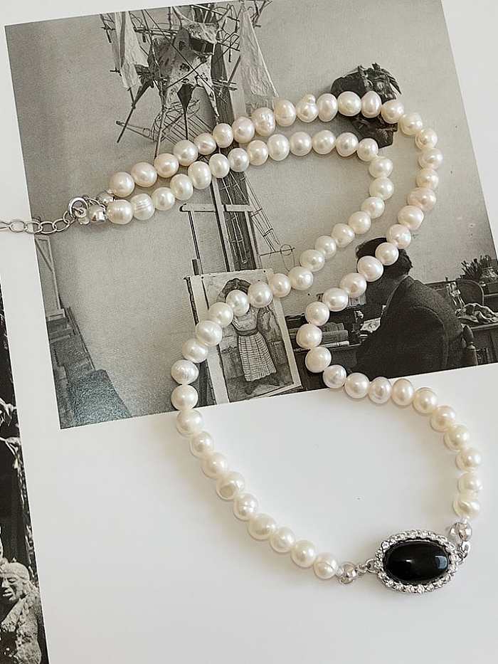Collar Vintage Ovalado de Perlas de Imitación de Plata de Ley 925