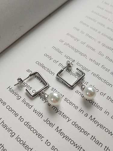 925 Sterling Silver Imitation Pearl Square Minimalist Drop Earring