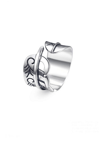 925 Sterling Silver With Antique Silver Plated Simplistic Retro Leaf Free Size Rings