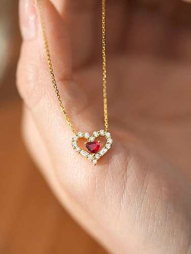 925 Sterling Silver Cubic Zirconia Red Heart Dainty Necklace