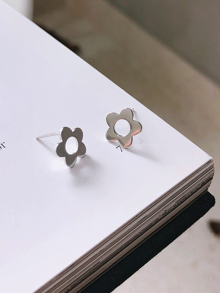 925 Sterling Silver With Platinum Plated Simplistic Hollow Flower Stud Earrings