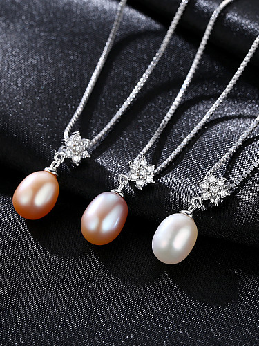 Pure silver with AAA zircon flowers natural freshwater pearl necklace