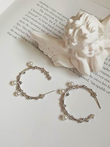 Boucles d'oreilles créoles vintage géométriques en argent sterling 925 imitation perle