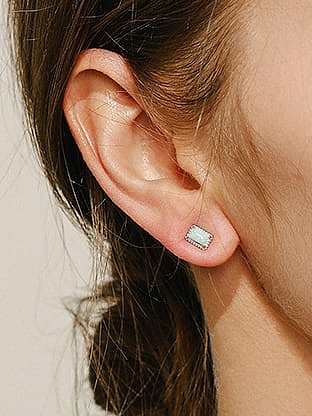 925 Sterling Silver Opal Rectangle Minimalist Stud Earring