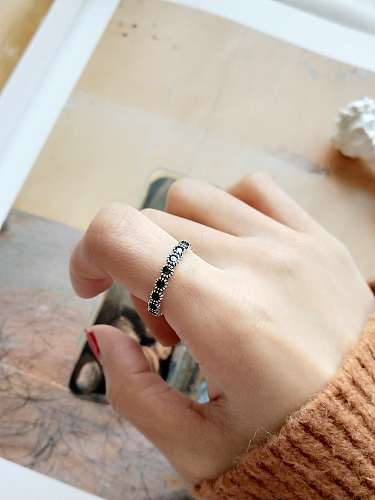 925 Sterling Silver Cubic Zirconia Black Round Vintage Free Size Band Ring