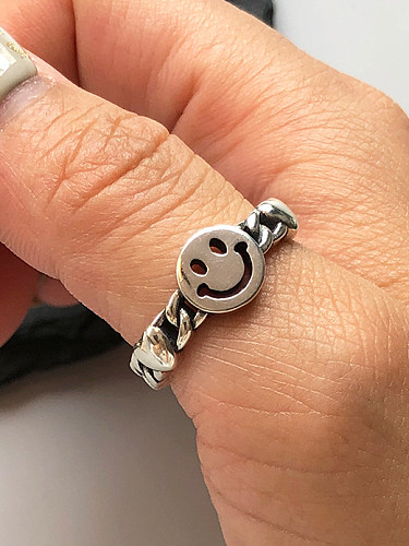 925 Sterling Silver With Antique Silver Plated Round Smiley Face Free Size Rings