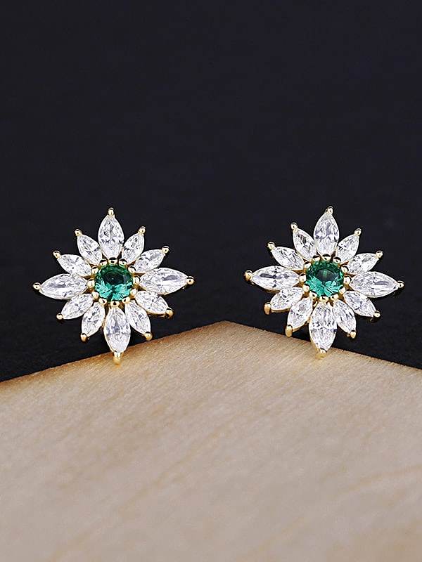 925 Sterling Silver Cubic Zirconia Green Flower Vintage Stud Earring